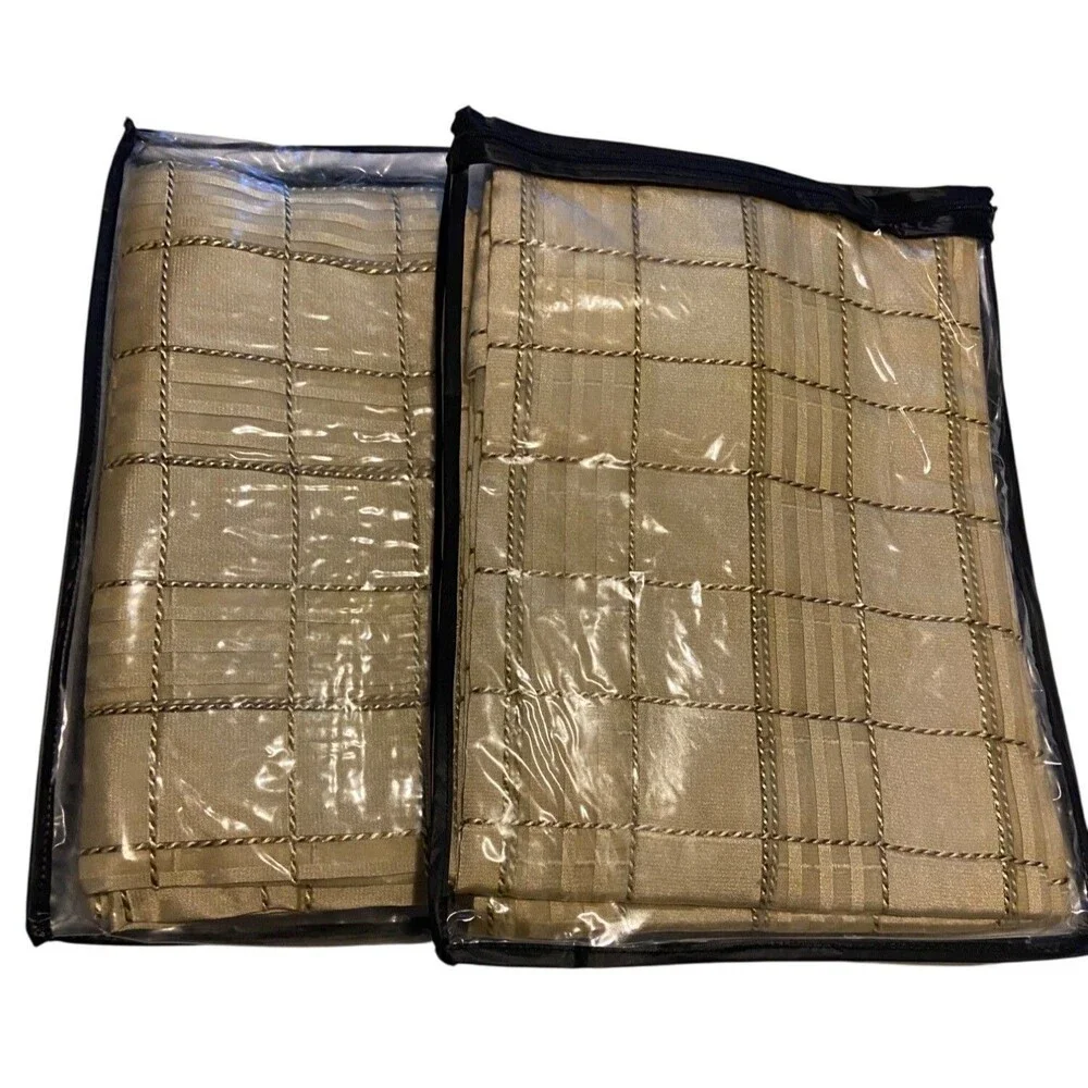 Set of 2 Gold/Cream 100% Sheer Silk Grid Window Curtain Panels 50” X 84” Drapery